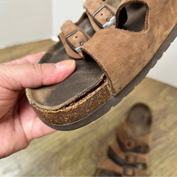 Birkenstock Brown Leather Three Strap Cork Sole Slide Sandals Size 9 - Picture 11 of 12